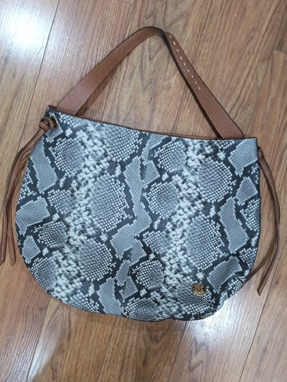 Vince Camuto Gray Snake-Print Crescent Shoulder Bag with Brown Straps